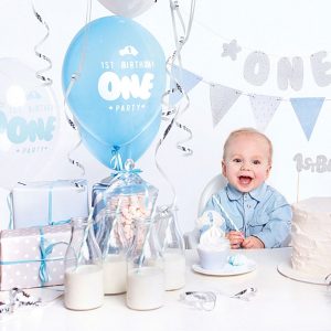 1st Birthday Blå och Silver Kalaspaket