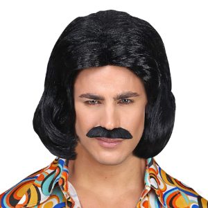 70-tals Dandy Svart Perukset med Mustasch - One size