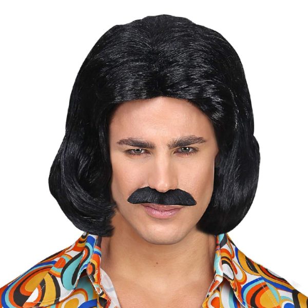 70-tals Dandy Svart Perukset med Mustasch - One size