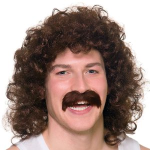70-tals Lockig Brun Peruk med Mustasch