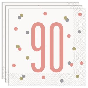 90 Års Servetter Vit & Rosa
