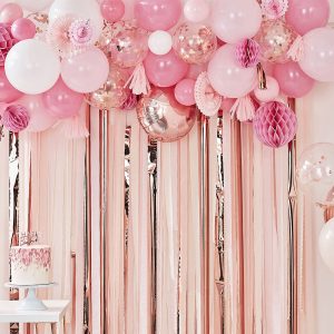 Backdrop Ballonger & Pappersfjädrar Vit/Rosa/Roséguld
