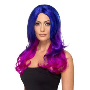 Lång Vågig Blå/Rosa Peruk - One size