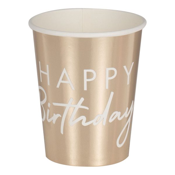Pappersmuggar Happy Birthday Guld/Vit - 8-pack