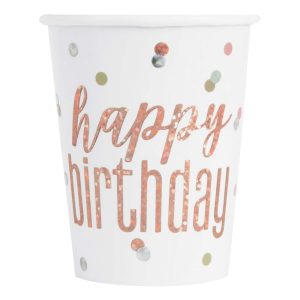 Pappersmuggar Happy Birthday Roséguld Skimmer - 8-pack