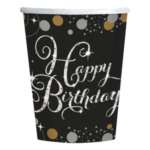 Pappersmuggar Happy Birthday Silver/Guld Glitter - 8-pack