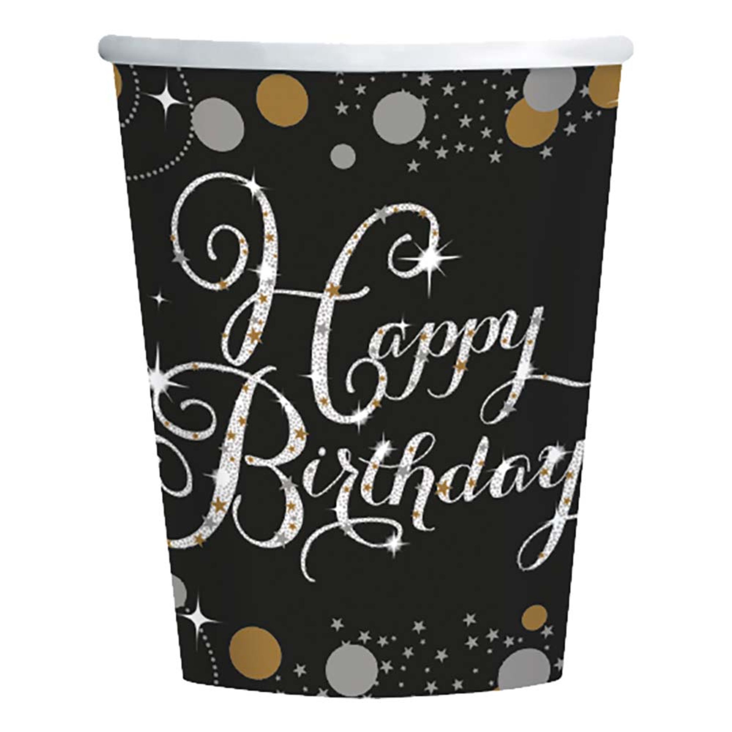 Pappersmuggar Happy Birthday Silver/Guld Glitter - 8-pack
