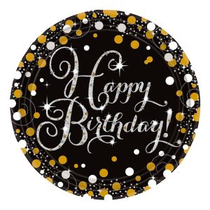 Papperstallrikar Happy Birthday Silver/Guld Glitter - 8-pack