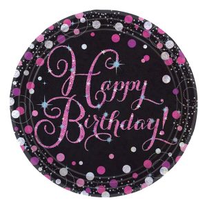 Papperstallrikar Happy Birthday Svart/Rosa Glitter - 8-pack