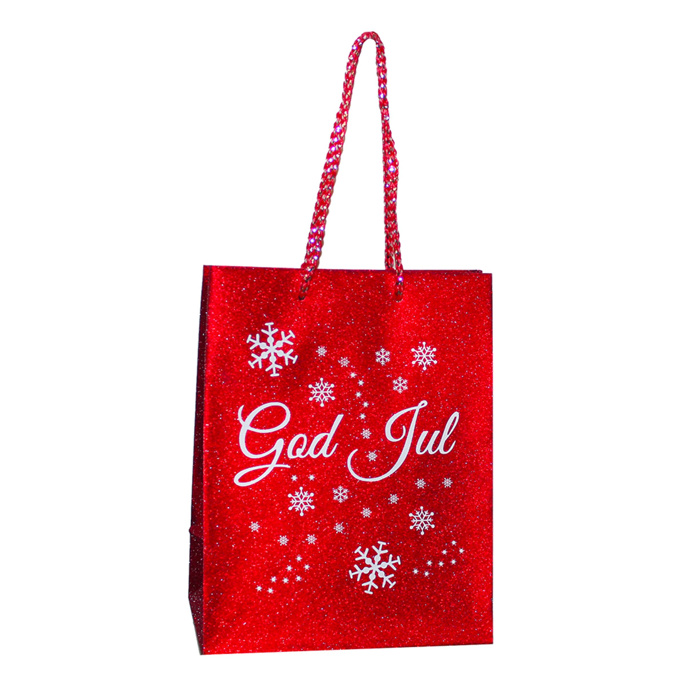 Presentpåse Röd/Glitter God Jul - 26 x 32 cm