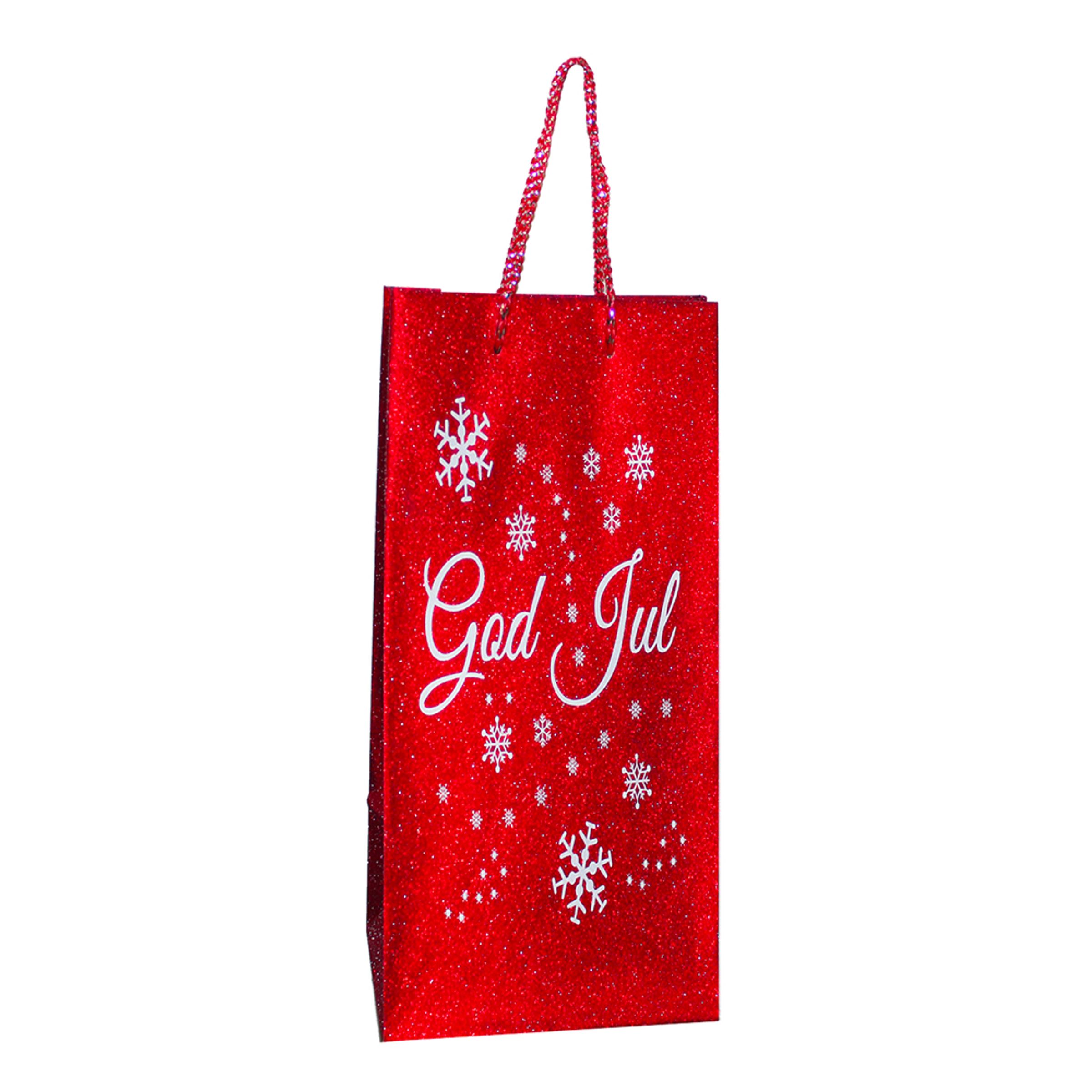 Presentpåse Röd/Glitter God Jul - 13 x 34 cm