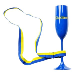 Student Champagneglas med Blå/Gult Band