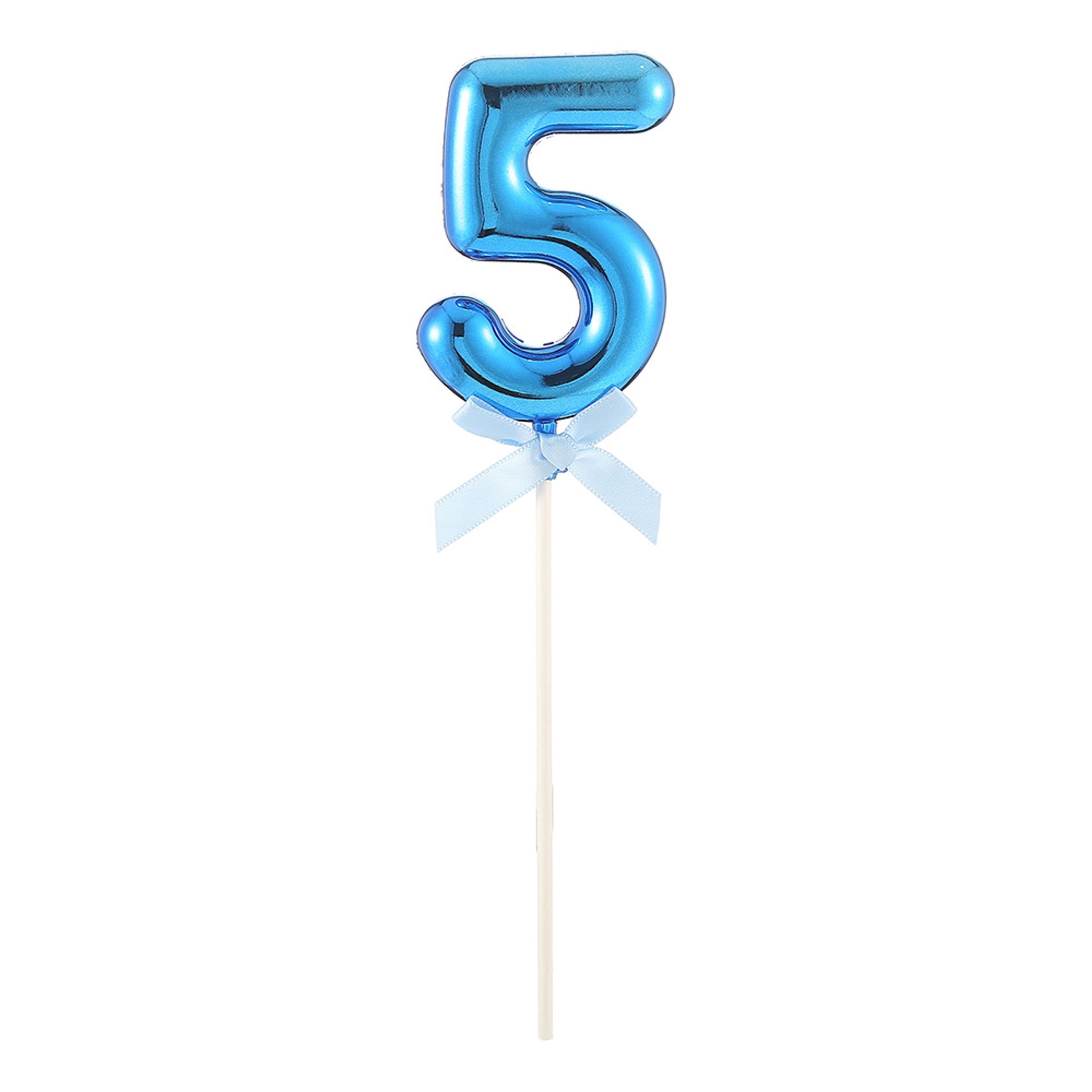 Tårtdekoration Siffra Blå med Rosett - Siffra 5