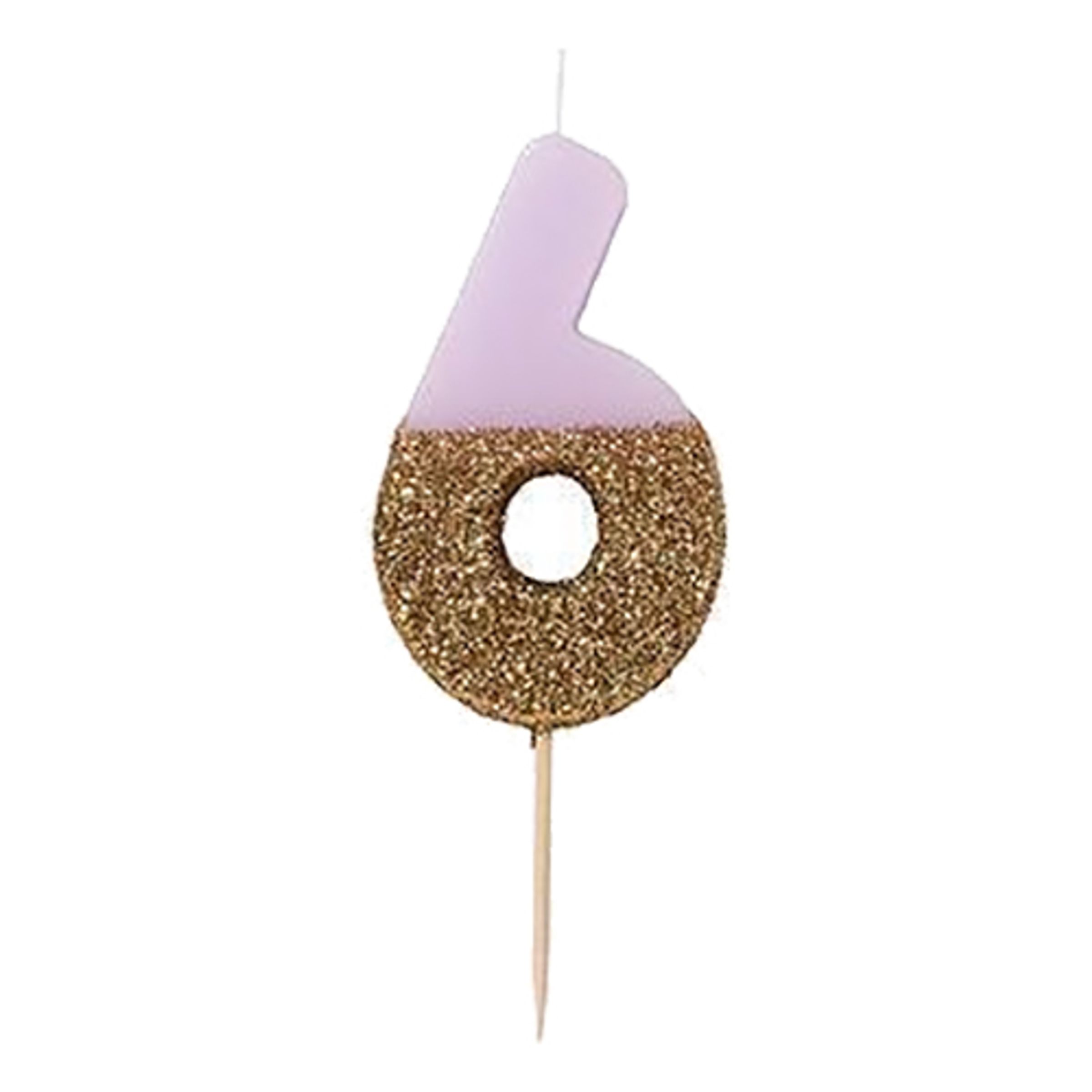 Tårtljus Siffra Ljusrosa/Guldglitter - Siffra 6