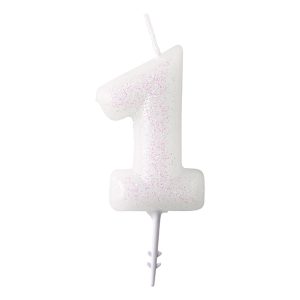 Tårtljus Vit Siffra Rosa Glitter - Siffra 1