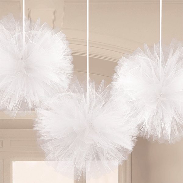 Tyllbollar Vita Hängande Dekoration - 3-pack